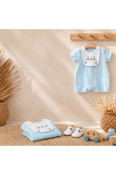 iQBaby Erkek Bebek Müslin Şortlu Yelkenli Nakışlı Önlük Detaylı Romper