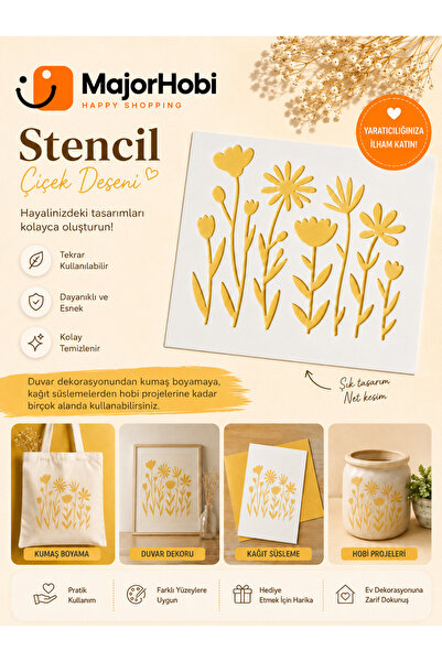 Major Hobi Çiçek Desenli Stencil Şablon Boyama Kalıbı Duvar Ahşap Kumaş Dekor...