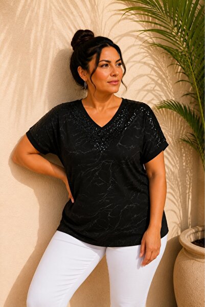 FOR ESRA BIG TREND Women's Black Plus Size Patterned V-Neck Sequin Detail Sid...