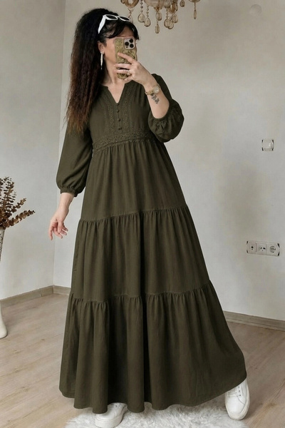 AZRA BUTİK Ruffled Skirt Lace Stripe Detailed Dress Khaki