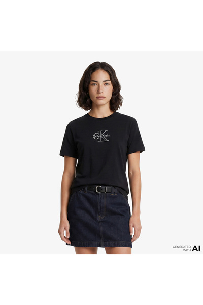 Calvin Klein Classic Foil Monologo Kadın Siyah T-Shirt