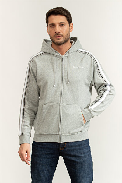 Calvin Klein Logo Tape Fz Hoodie Erkek Kapüşonlu Sweatshirt Gri