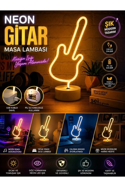 Neon Gitar Masa Lambası USB ve Pilli Dekoratif LED Gece Lambası Müzik Temalı Oda Aydınlatması