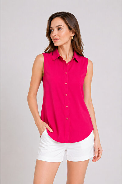 Nuevo Women's Fuchsia Zero Sleeve Buttoned Shirt Blouse Summer Stylish Design
