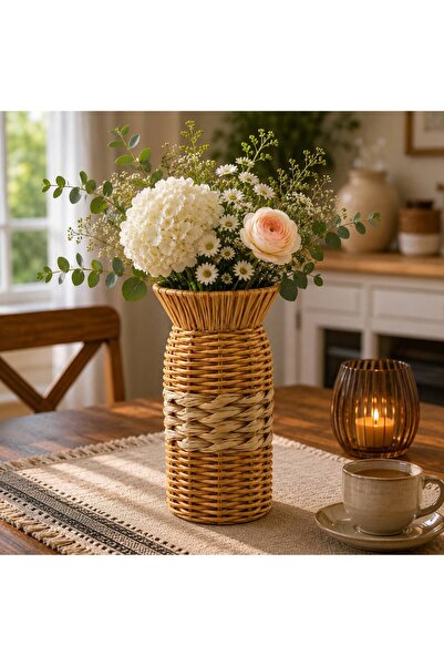 s elsa home Rattan Çok Amaçlı Dekoratif Örgü Vazo 19 Cm