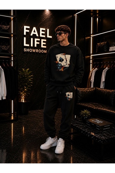 FAEL LİFE Unisex Wide Cut Zero Neck and Sweatpants Set with Zar Print