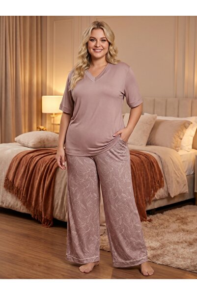 Lohusa Homewear New Season Women's Dusty Rose V-Neck Short Sleeve Special Des...