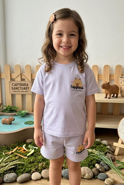 NOBLEKIDS طقم تي شيرت وشورت صيفي مطبوع عليه كابيبارا للفتيات باللون الأرجواني