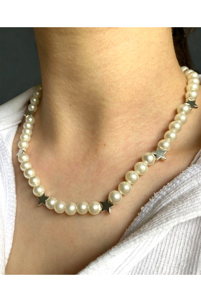 BİJUTERİ EVİ Yıldız Detaylı İnci Görünümlü Kadın Kolye | Gümüş Renk Yıldız Figürlü Şık Choker Kolye