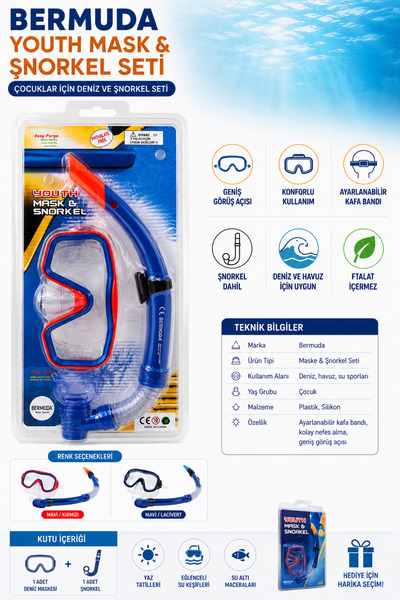 BERMUDA Youth Mask & Şnorkel Seti – Çocuk Deniz Gözlüğü ve Şnorkel Takımı
