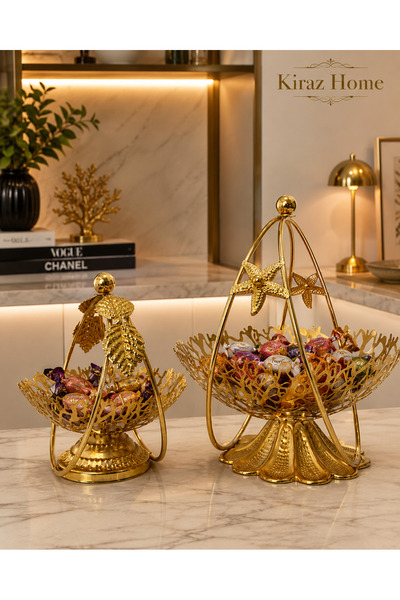 KİRAZHOME Lüks 2'li Gold Metal Şekerlik Dekoratif Sunumluk İkram Sepeti