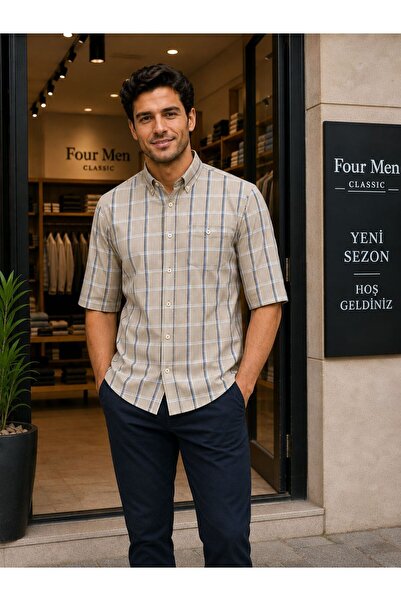 GÖMLEK GALERİSİ Men's Classic Wide Cut Plaid Cotton Short Sleeve Shirt