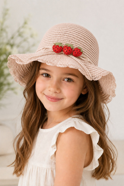tibo Girl's Strawberry Straw Hat Summer Sun and Beach Hat