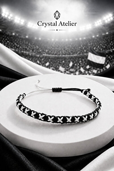 Crystal Atelier Black and White Macrame Fan Bracelet Adjustable Unisex Hand K...