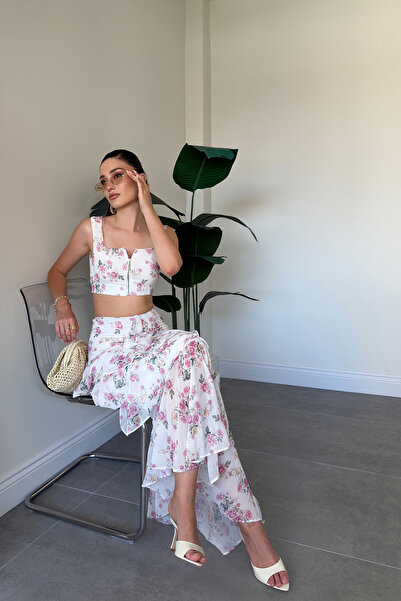 MAGARDE Set dublu bluză crop cu imprimeu floral roz - ECRU