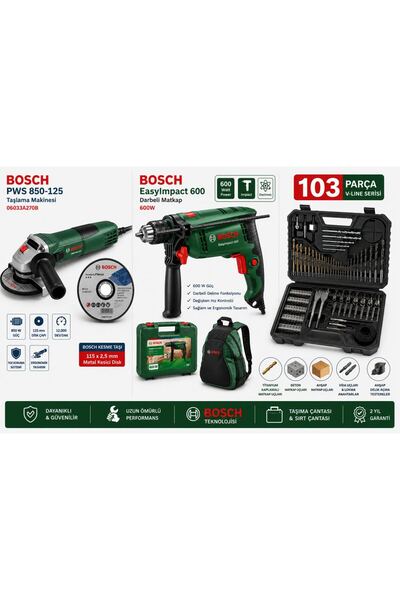 Bosch EasyImpact 600 600W Darbeli Matkap + PWS 850-125 850W Avuç Taşlama + 10...