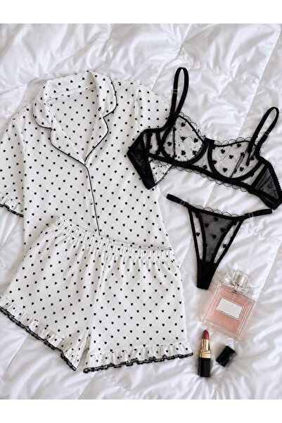 Lorinyo Hearted 2-Piece Set: Short-Sleeved Pajama Set and Black Tiny Heart Pa...