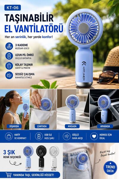 CeppStore KT-06 Taşınabilir Mini El Vantilatörü USB Şarjlı 3 Kademeli Sessiz Fan