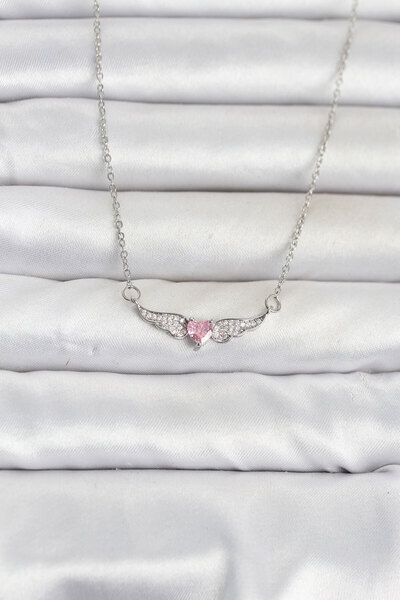 Lisinya 316L Steel Chain Silver Color Winged Pink Heart Model Women's Necklace -