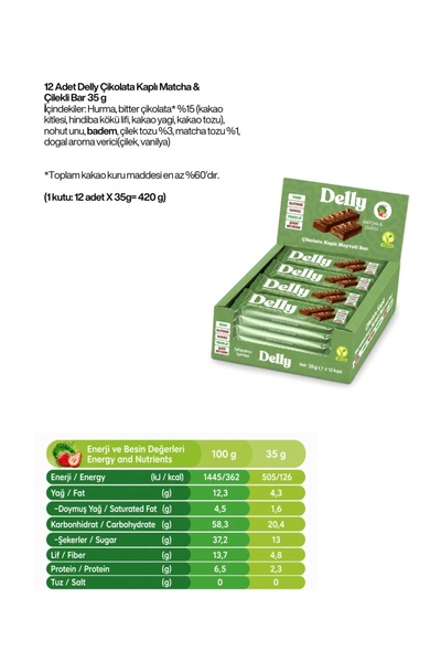 Delly 12 Adet Çikolata Kaplı Matcha & Çilekli Meyveli Bar 35 g