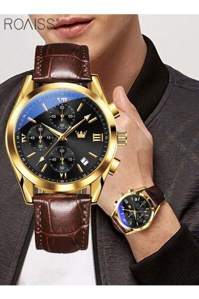 ROAISS Mens Chronograph Quartz Watch Luxury Leather Strap Black Dial Rose Gol...