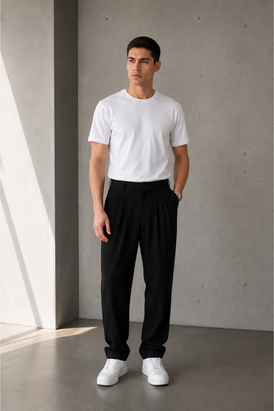 Polo State Erkek Siyah Baggy Fit Pileli Kumaş Pantolon