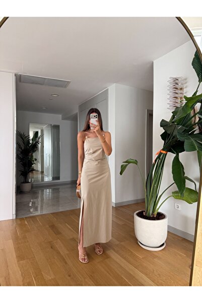 MERVE AKSOY Zr Sırt Dekolteli Midi Elbise - Taş