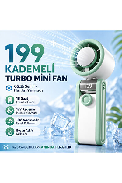 TARÇIN Turbo Mini Fan 199 Kademeli Dijital Göstergeli Katlanabilir Şarjlı El ...