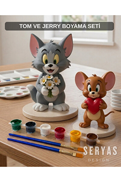 SERYAS DESIGN Sevgiliye Özel Tom ve Jerry Figür Boyama Seti 2 Figür 6 Renk Bo...
