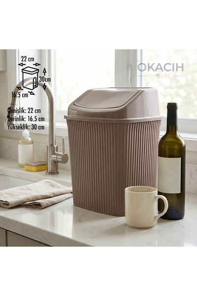 okacih Çizgili Çöp Kovası Banyo Ofis ve Mutfak İçin Click Kapaklı Kova 6 Litre