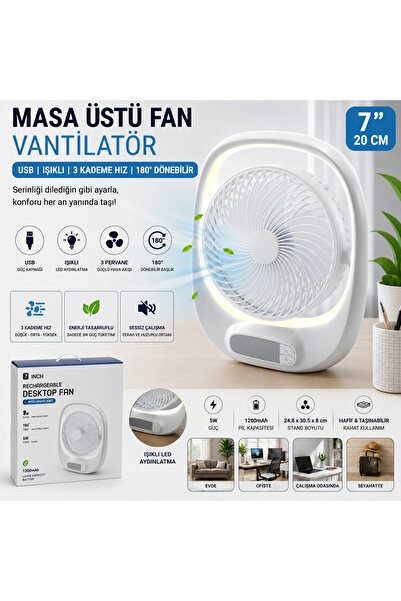 EVİMİST Şarjlı USB Masa Üstü Fan Vantilatör 7 İnç 20 cm Işıklı 3 Kademeli Hız...