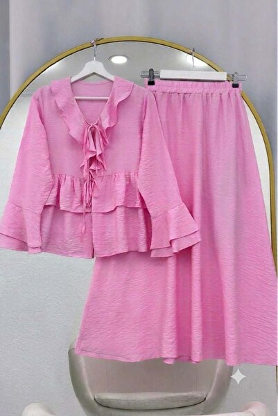 modasindoma Ruffled Sleeves Skirt Suit Pink