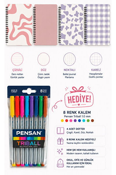 TOMBİ-X 4 Adet A5 Spiral Defter Seti Pastel Tasarım 8 Renk Pensan Triball Kal...