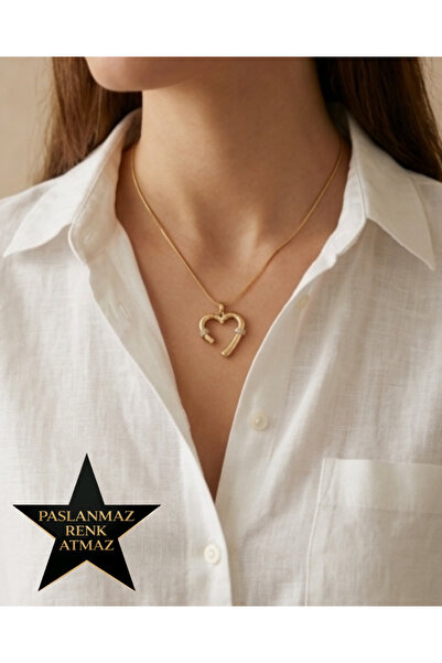 stainles steel 316L Steel Gold Stone Heart Women's Necklace 40+5cm Extension