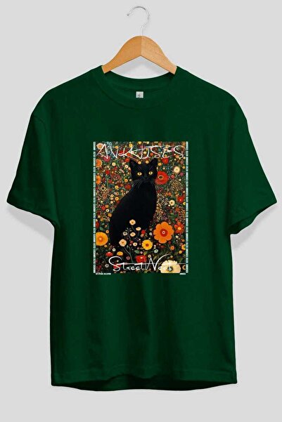 Ankhises Tricou supradimensionat verde cu imprimeu Cat For Cat Lovers, 100% b...