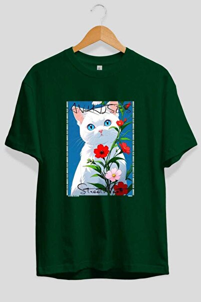 Ankhises For the Sake of Cat Love 115 Front Cat Printed Green Oversize T-Shir...