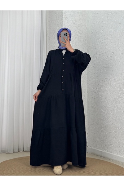 Holehola Φόρεμα Nurperi Muslin Casual με 6 Κουμπιά-NA2416 Μαύρο