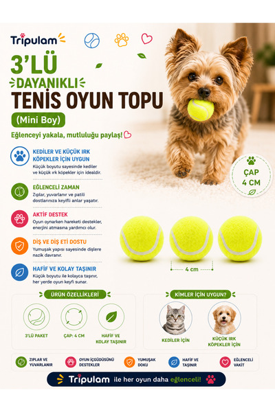 TRİPULAM 3’lü Mini Tenis Topu Seti – Kediler ve Küçük Irk Köpekler İçin Dayan...