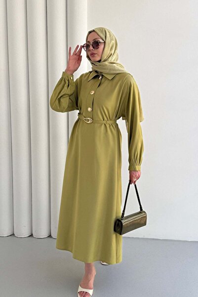 Modaensarbutik Yakalı Gold Düğme Detaylı Kemerli Tesettür Elbise-YAĞ YEŞİLİ