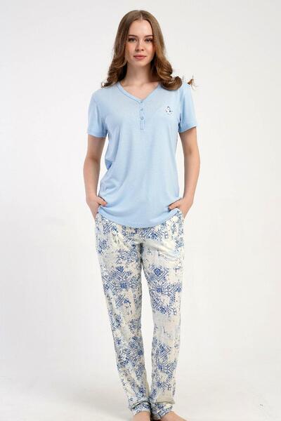 KEZOKİNO Women's Short-Sleeved Half-Button Blue Pajamas Set Summer Home Wear ...