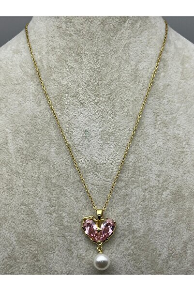BİJU YILMAZ 26Kly72 - Steel Pink Heart Pearl Necklace