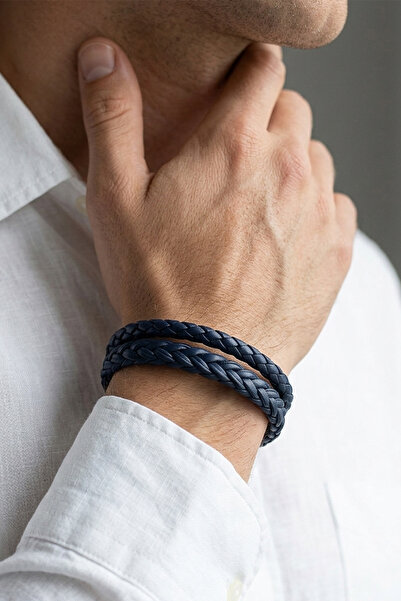 VAOOV Black and Navy Blue Double Row Braided Leather Men's Bracelet