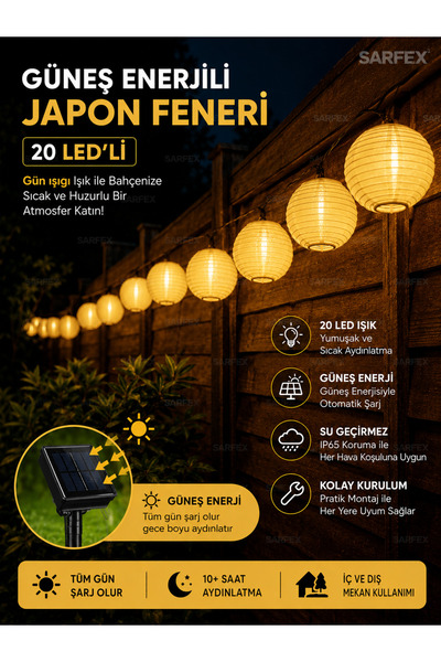SARFEX Güneş Enerjili 20'li Mini Japon Feneri Gün Işığı Led Solar Su Geçirmez...