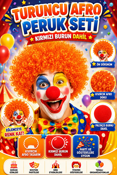 Tamsena Store Turuncu Afro Bonus Peruk ve Kırmızı Palyaço Burnu Seti Kıvırcık...