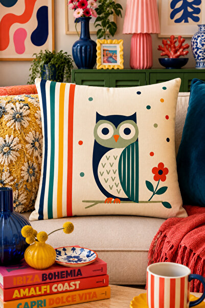 SasoHome Renkli Çiçek & Baykuş Desenli Renkli Modern Desenli Kırlent Kılıfı |...
