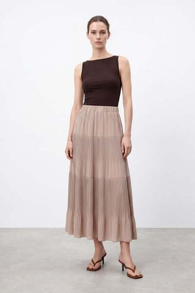 Puane Kadın Beli Lastikli Piliseli Maxi Etek – 18306 ETK - DARK BEIGE