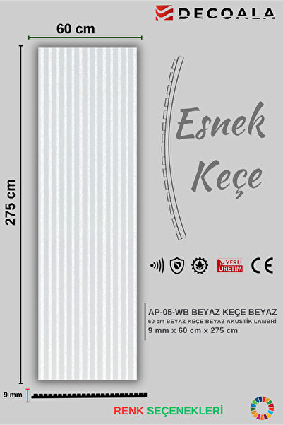 DECOALA Mdf Ahşap Akustik Duvar Paneli Beyaz Keçe 60x275 Cm -Beyaz