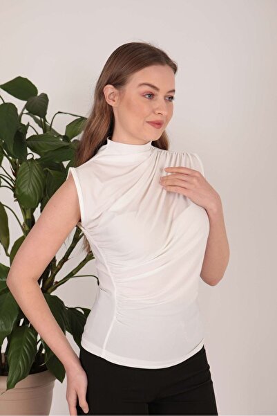 ELAY Fashion Women's White Draped High Neck Sleeveless Blouse