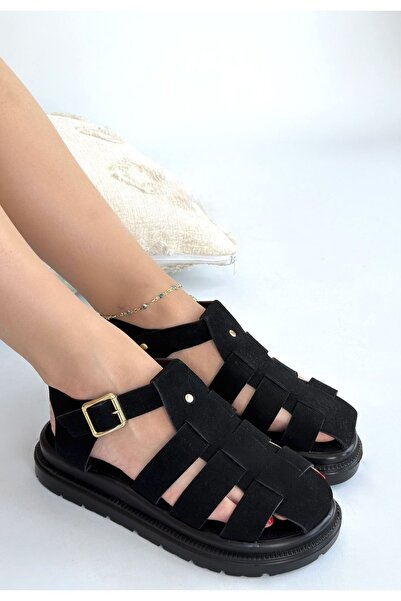 Generic Brand Tenra Black Suede Belted Sandals