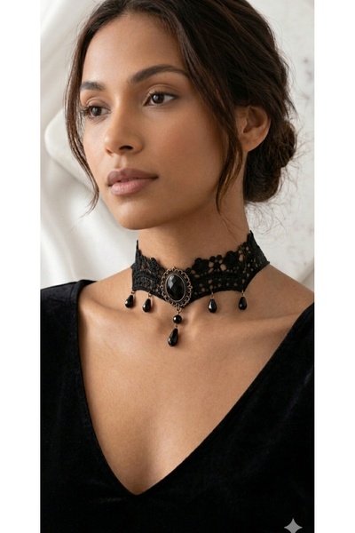 Alsade Siyah Dantel Vintage Gotik Choker Kolye